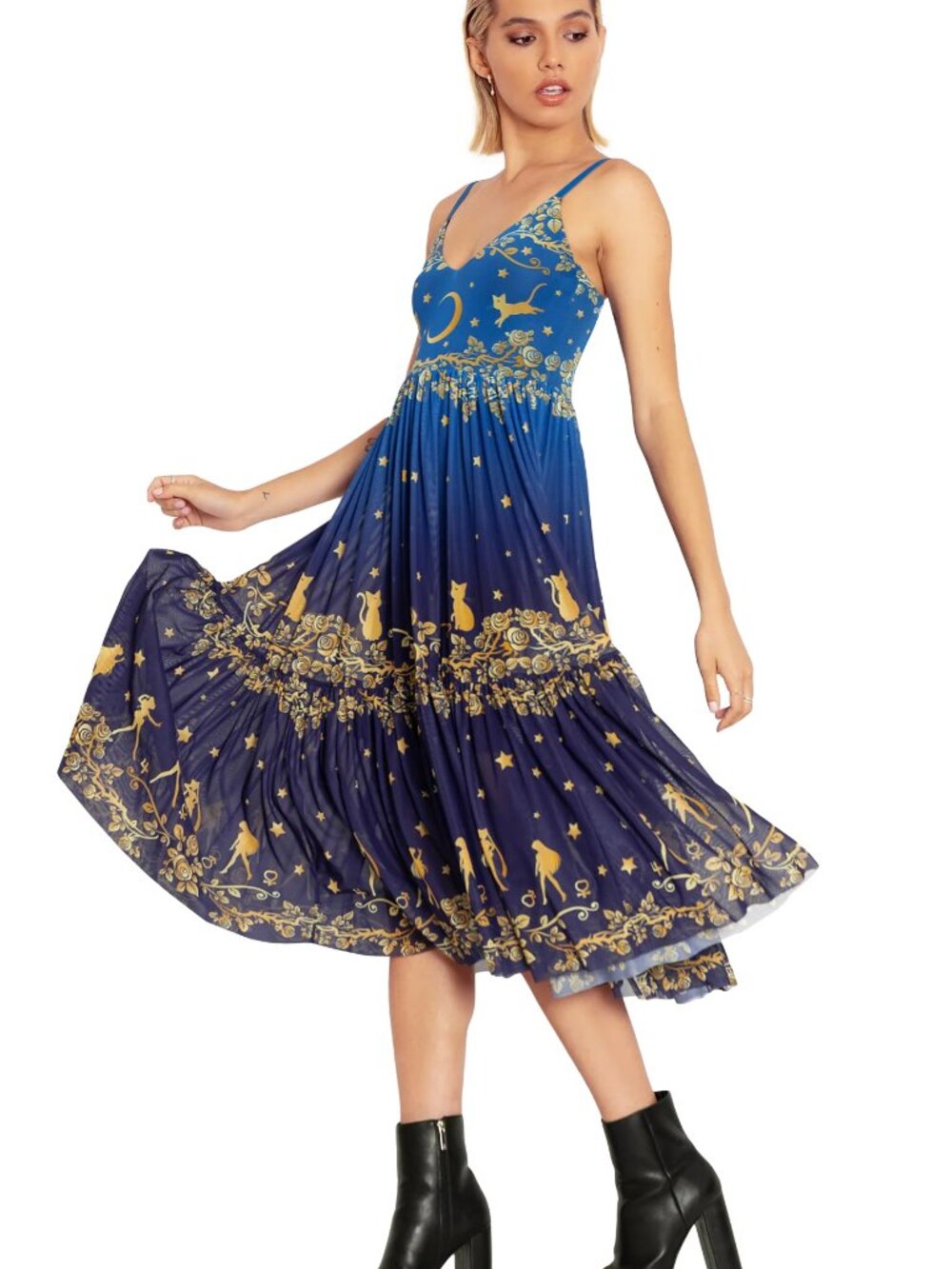 Blackmilk - Blue and Gold Sailor Guardians Stars Sheer Midaxi Dress - Size Large - Picture 4 of 9
